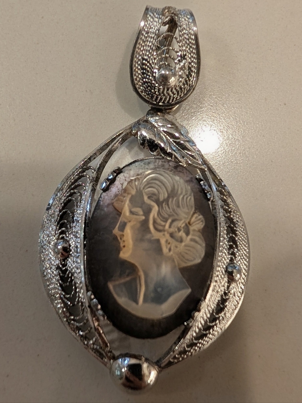 Sorrento 925 Sterling Silver Filigree Cameo Pendant Vintage Estate